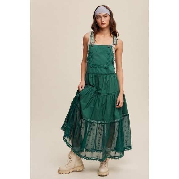 LISTICLE Forest Green Lace Embroidered Maxi Skirtall | Boho Overall Jumper - Picture 4 of 11